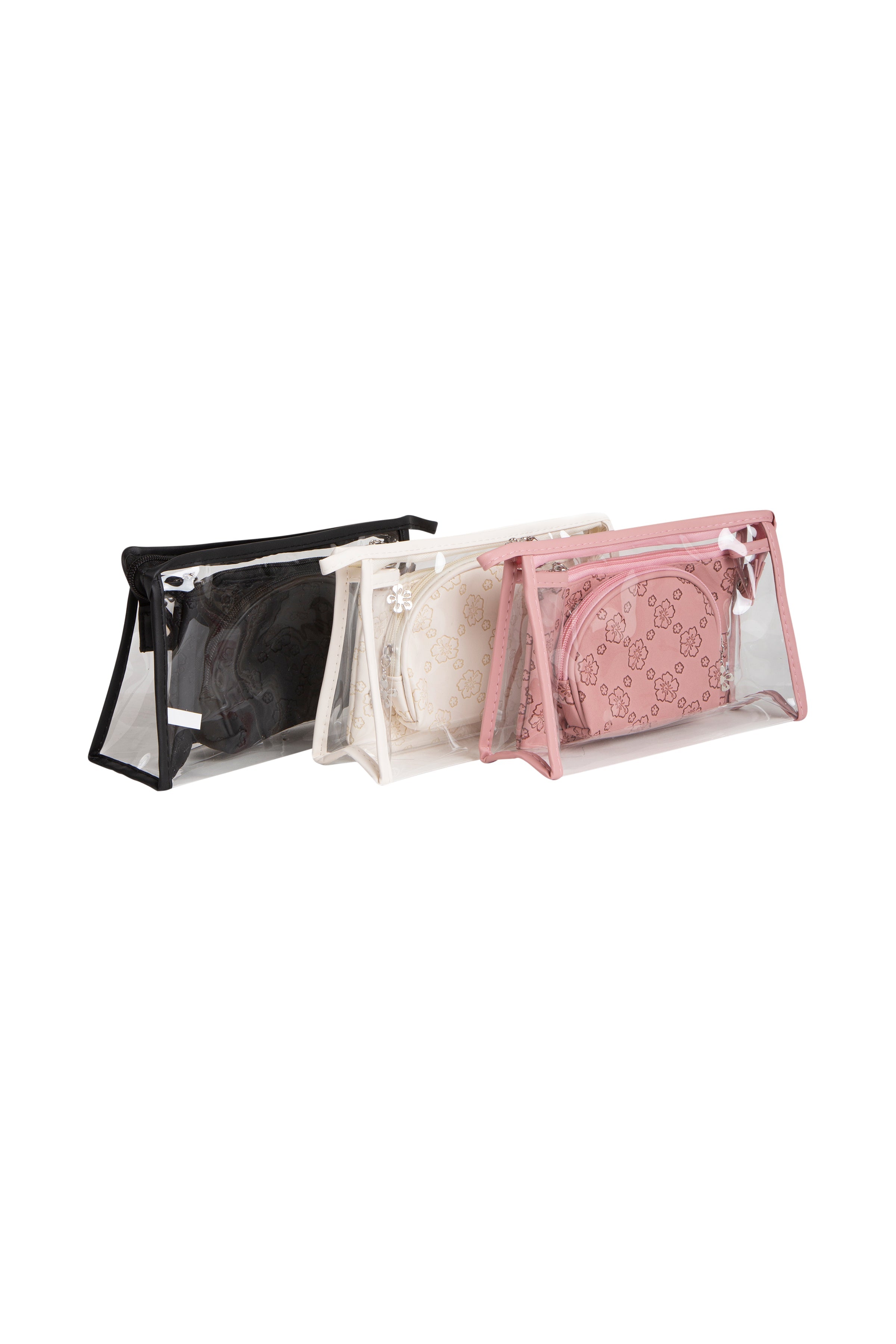 TRANSPARENT & FLORAL PATTERN COSMETIC TRAVEL POUCH SET