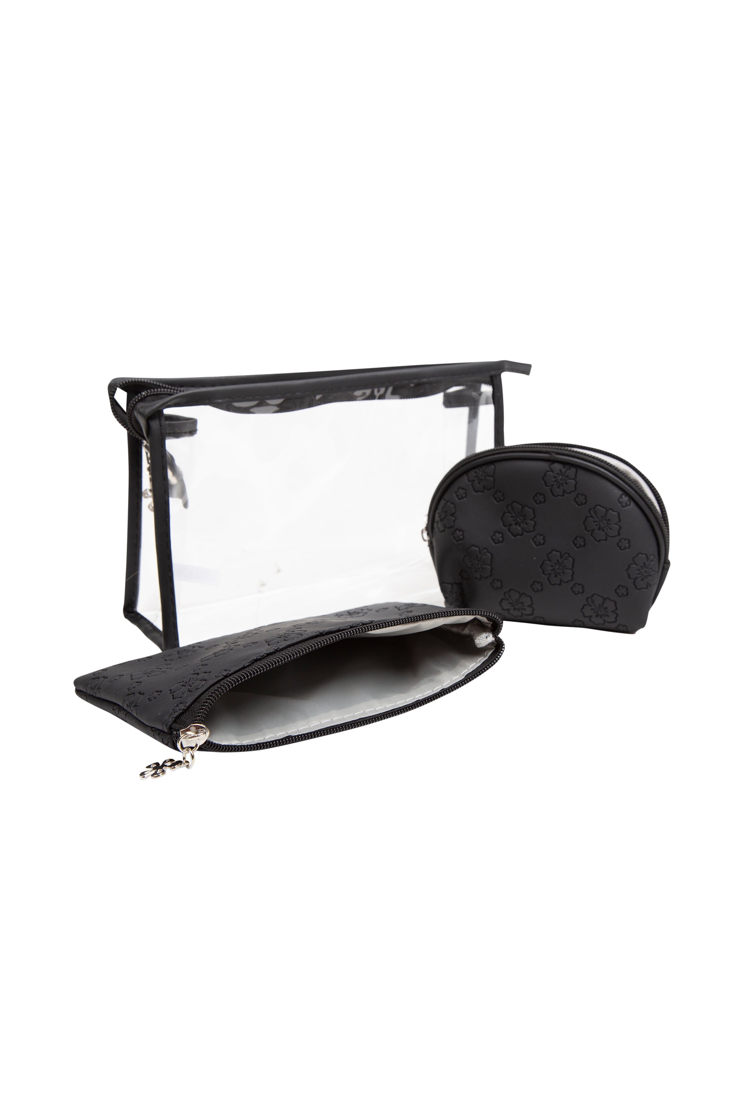 TRANSPARENT & FLORAL PATTERN COSMETIC TRAVEL POUCH SET