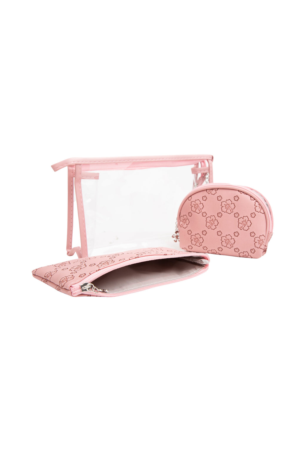 TRANSPARENT & FLORAL PATTERN COSMETIC TRAVEL POUCH SET