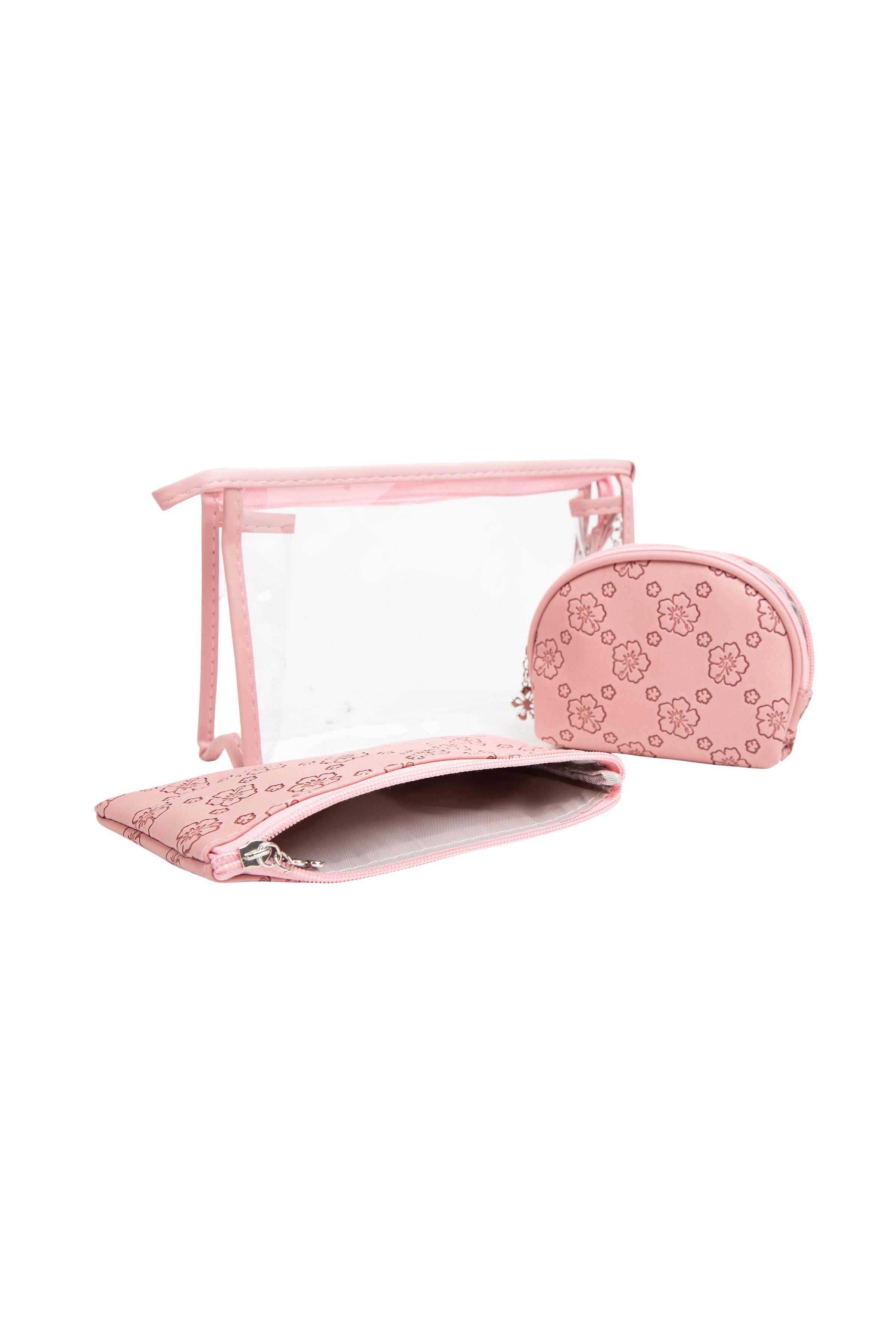 TRANSPARENT & FLORAL PATTERN COSMETIC TRAVEL POUCH SET