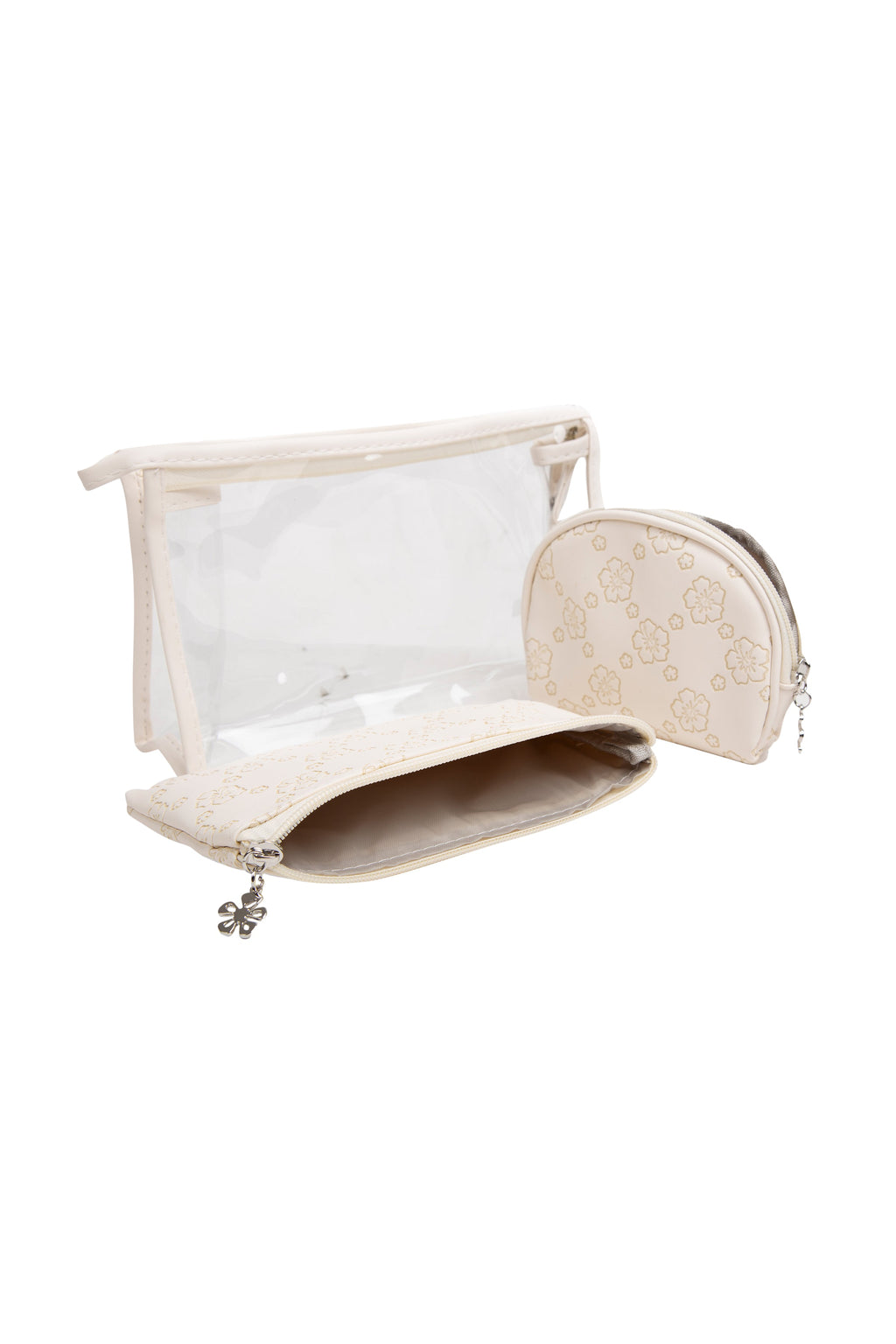 TRANSPARENT & FLORAL PATTERN COSMETIC TRAVEL POUCH SET