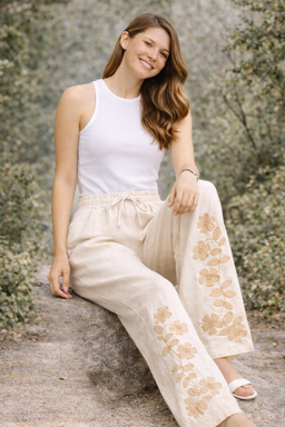 FLORAL PATTERN LINEN PANTS