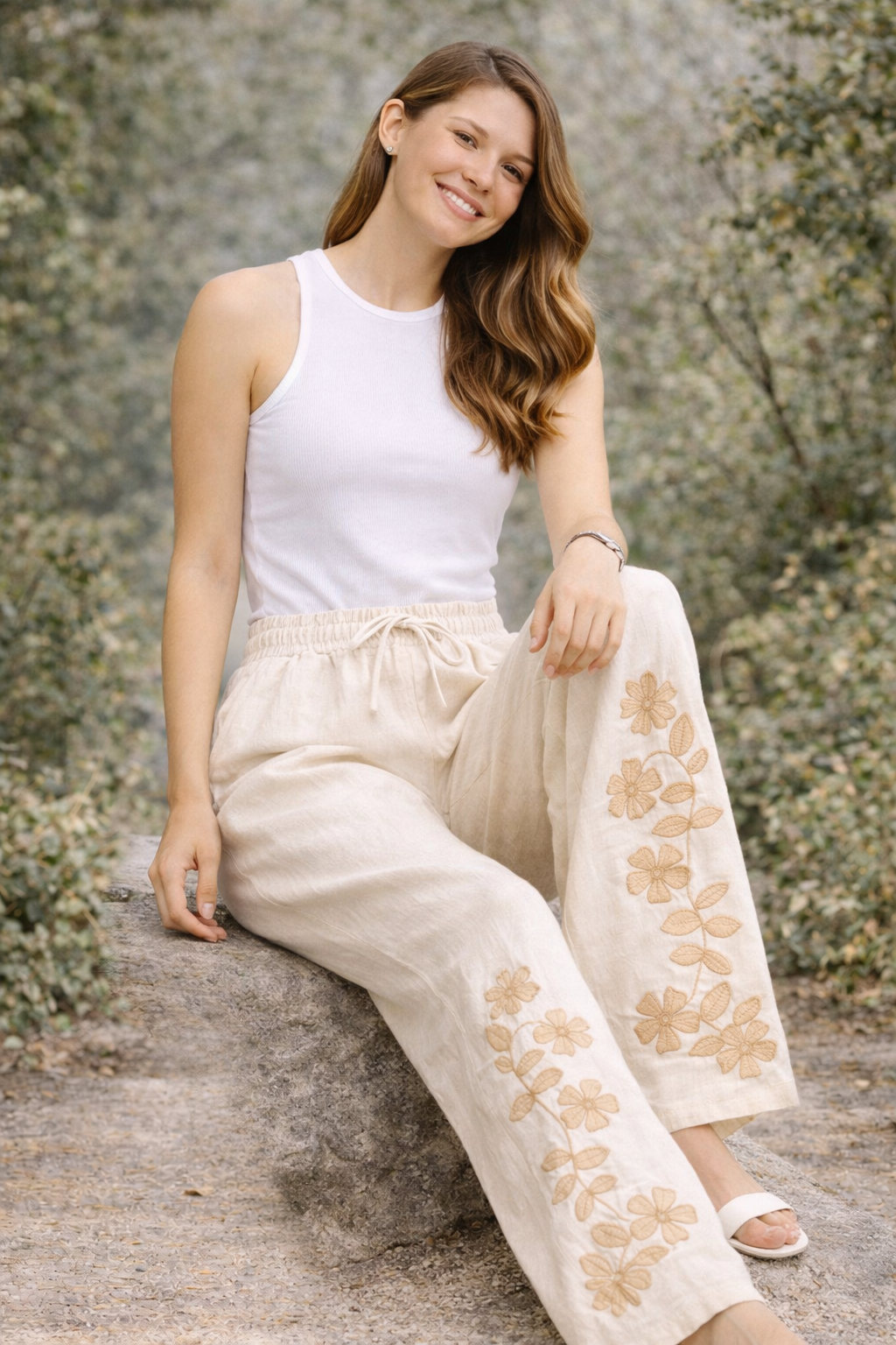 FLORAL PATTERN LINEN PANTS