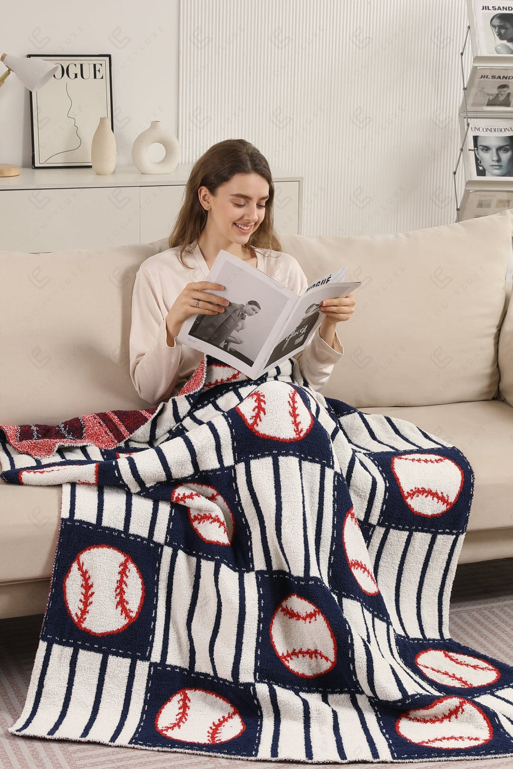 BASEBALL CHECKERED & PIN-STRIPED PATTERN THROW BLANKET NAVY THROW BLANKETS