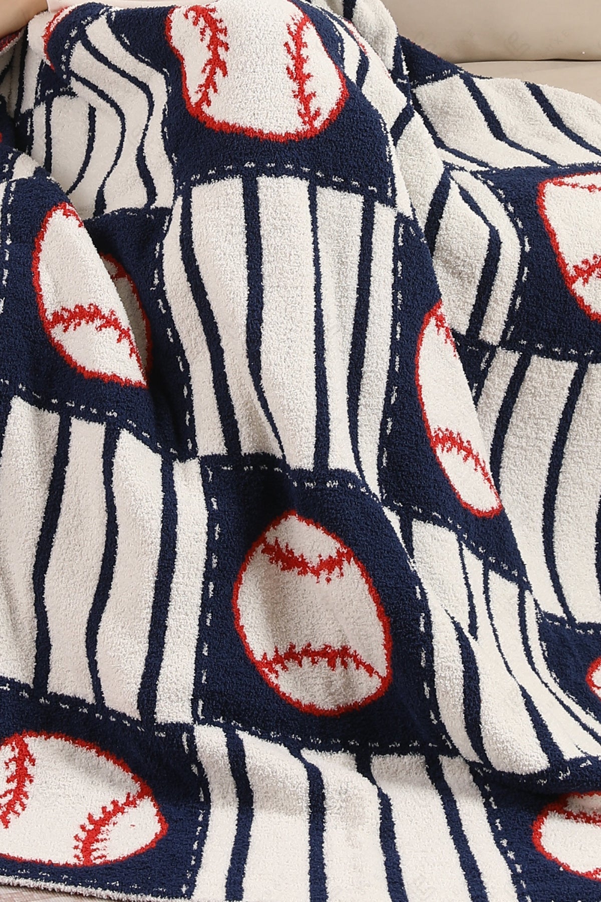 BASEBALL CHECKERED & PIN-STRIPED PATTERN THROW BLANKET NAVY THROW BLANKETS