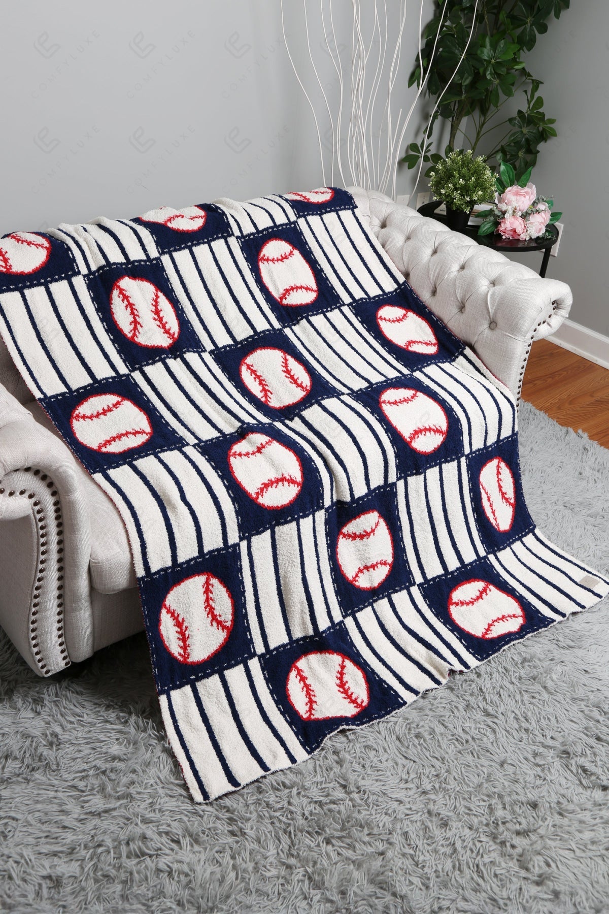 BASEBALL CHECKERED & PIN-STRIPED PATTERN THROW BLANKET NAVY THROW BLANKETS