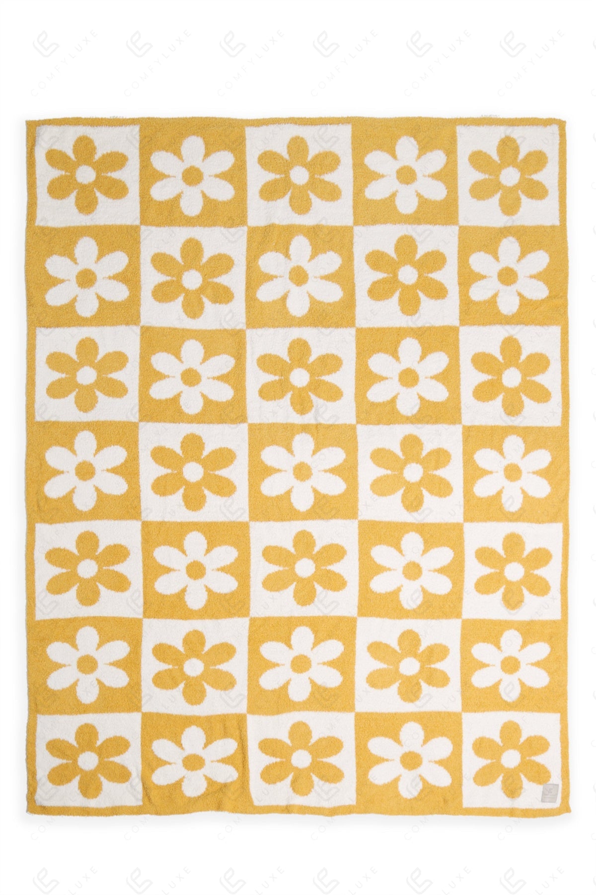 CHECKERED & DAISY PATTERN THROW BLANKET YELLOW THROW BLANKETS