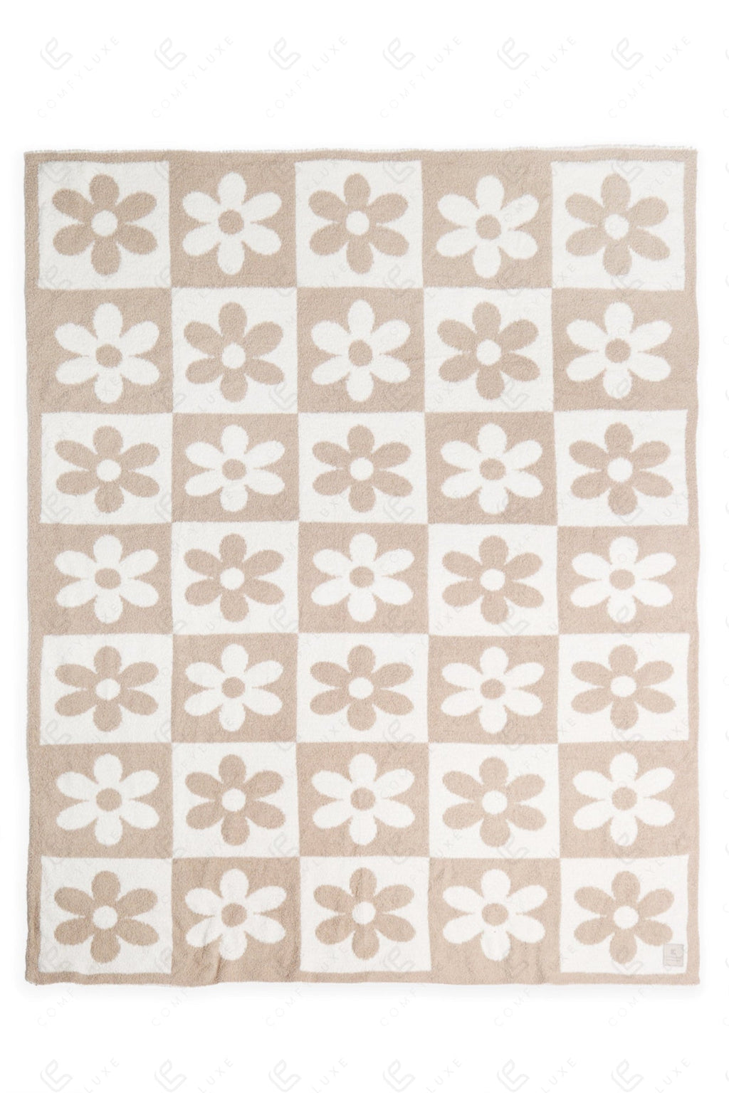 CHECKERED & DAISY PATTERN THROW BLANKET BEIGE THROW BLANKETS