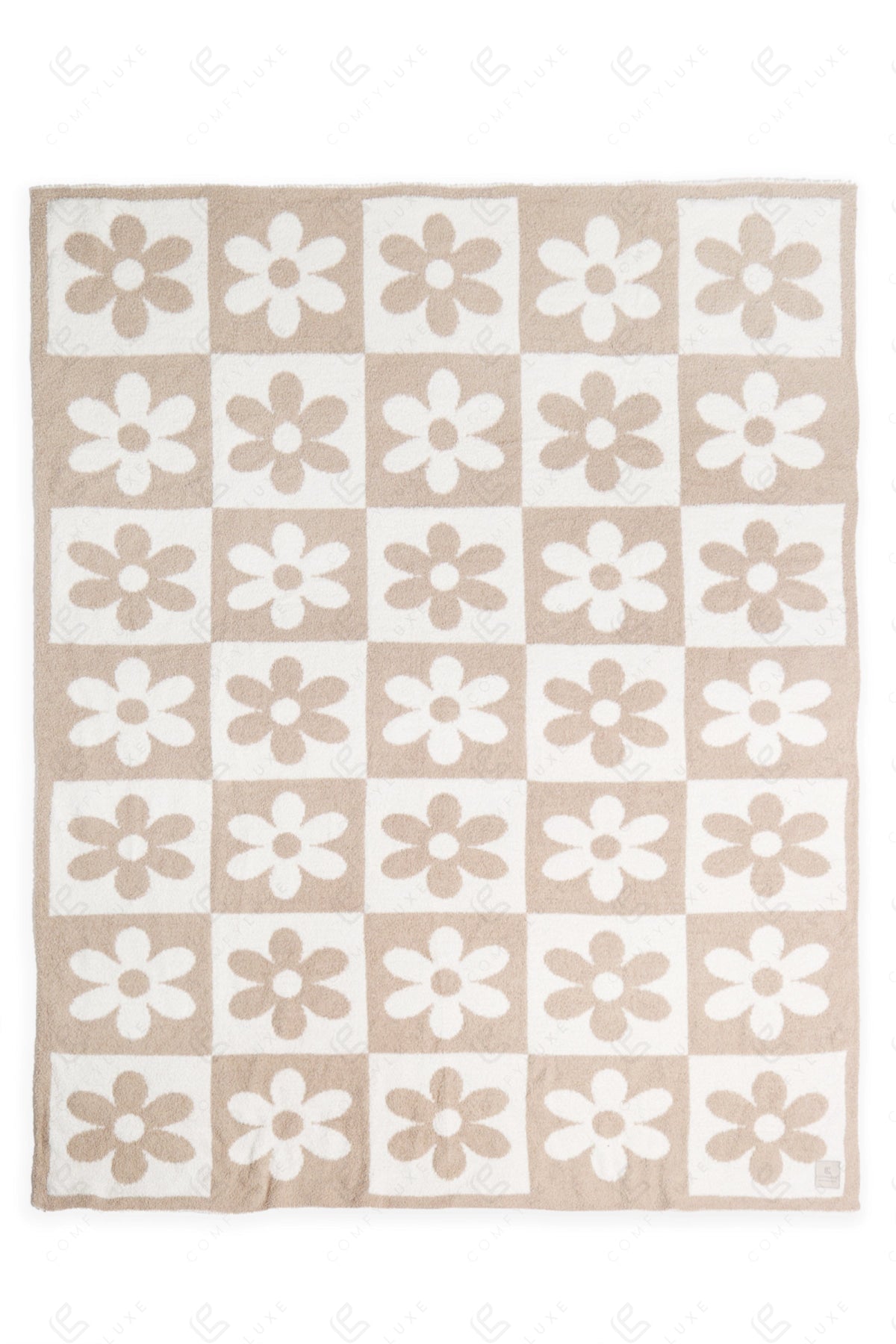 CHECKERED & DAISY PATTERN THROW BLANKET BEIGE THROW BLANKETS