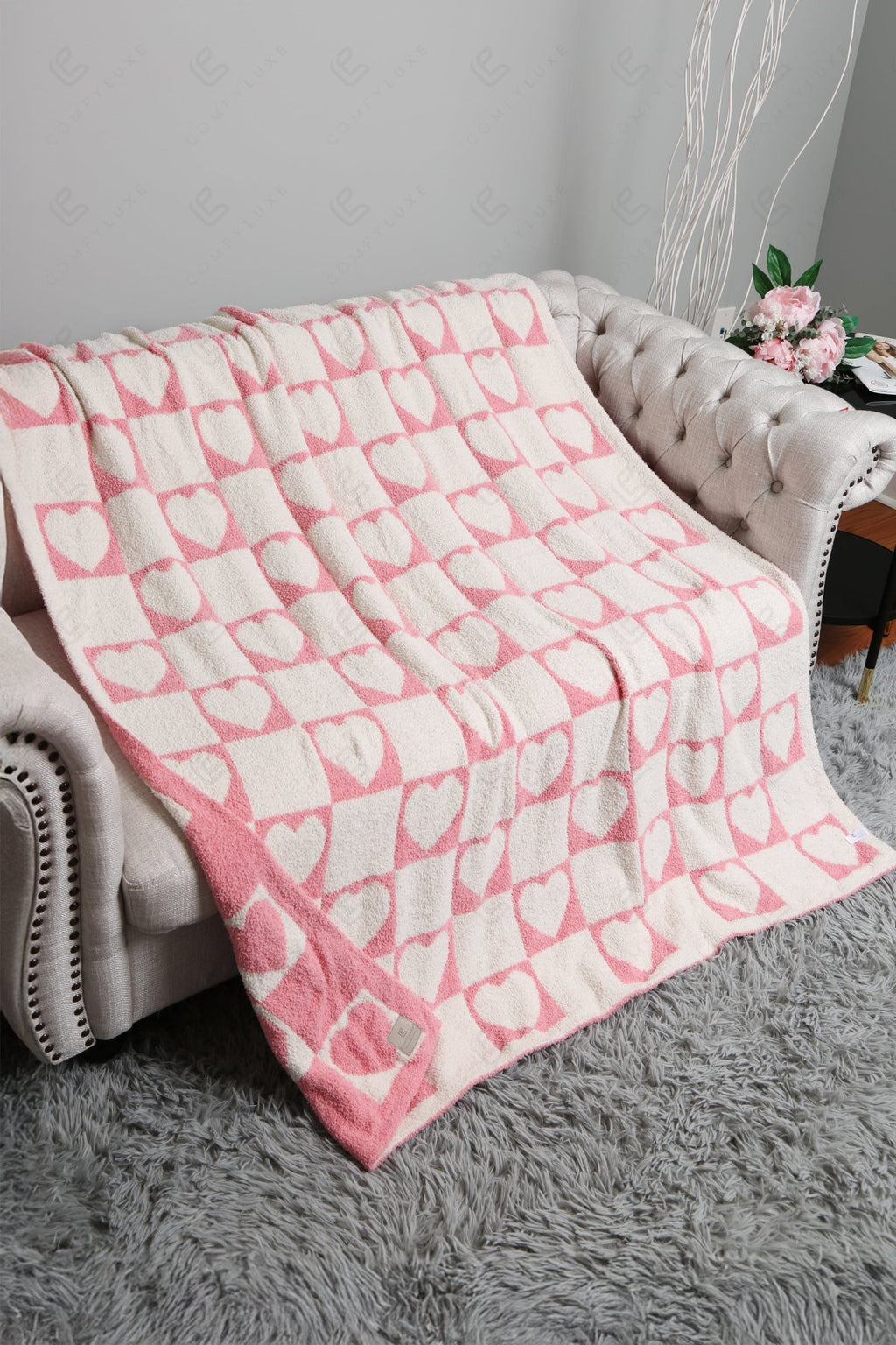 CHECKERED & HEART PATTERN THROW BLANKET PINK THROW BLANKETS