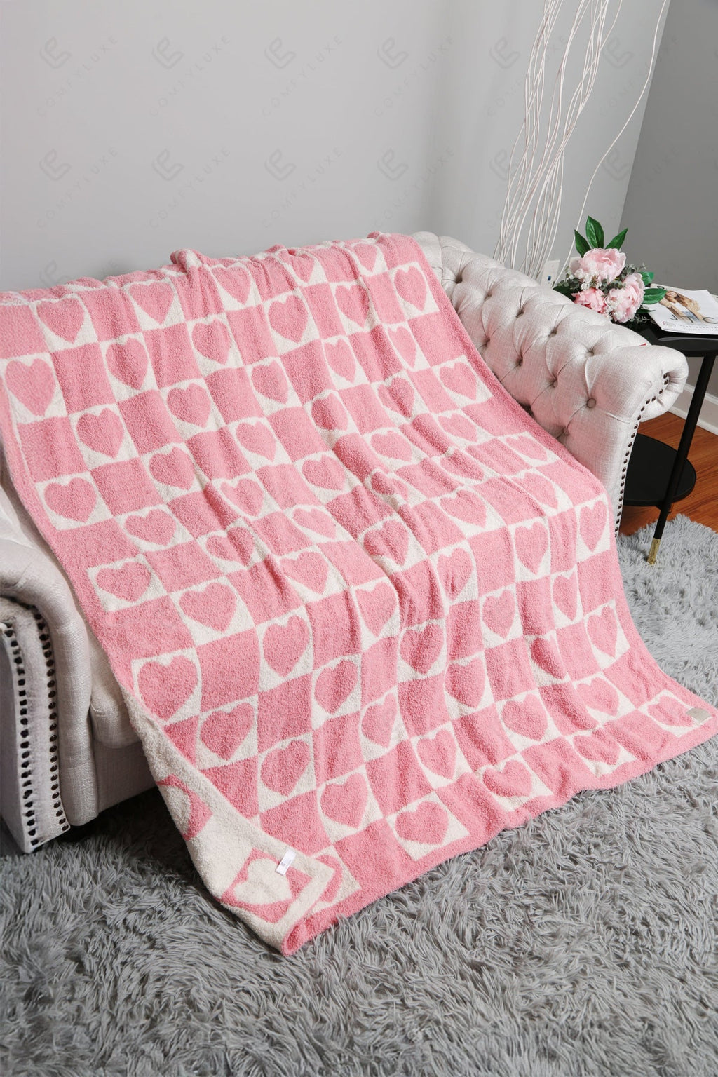 CHECKERED & HEART PATTERN THROW BLANKET PINK THROW BLANKETS