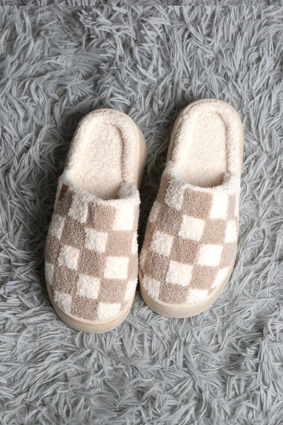 CHECKERED PATTERN PLATFORM SLIPPERS BEIGE / M/L SLIPPERS/SLIDES
