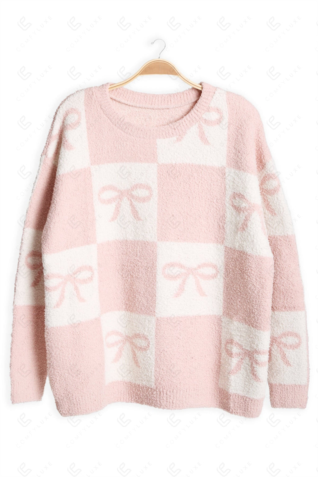 CHECKERED & RIBBON PATTERN SWEATER PINK APPAREL