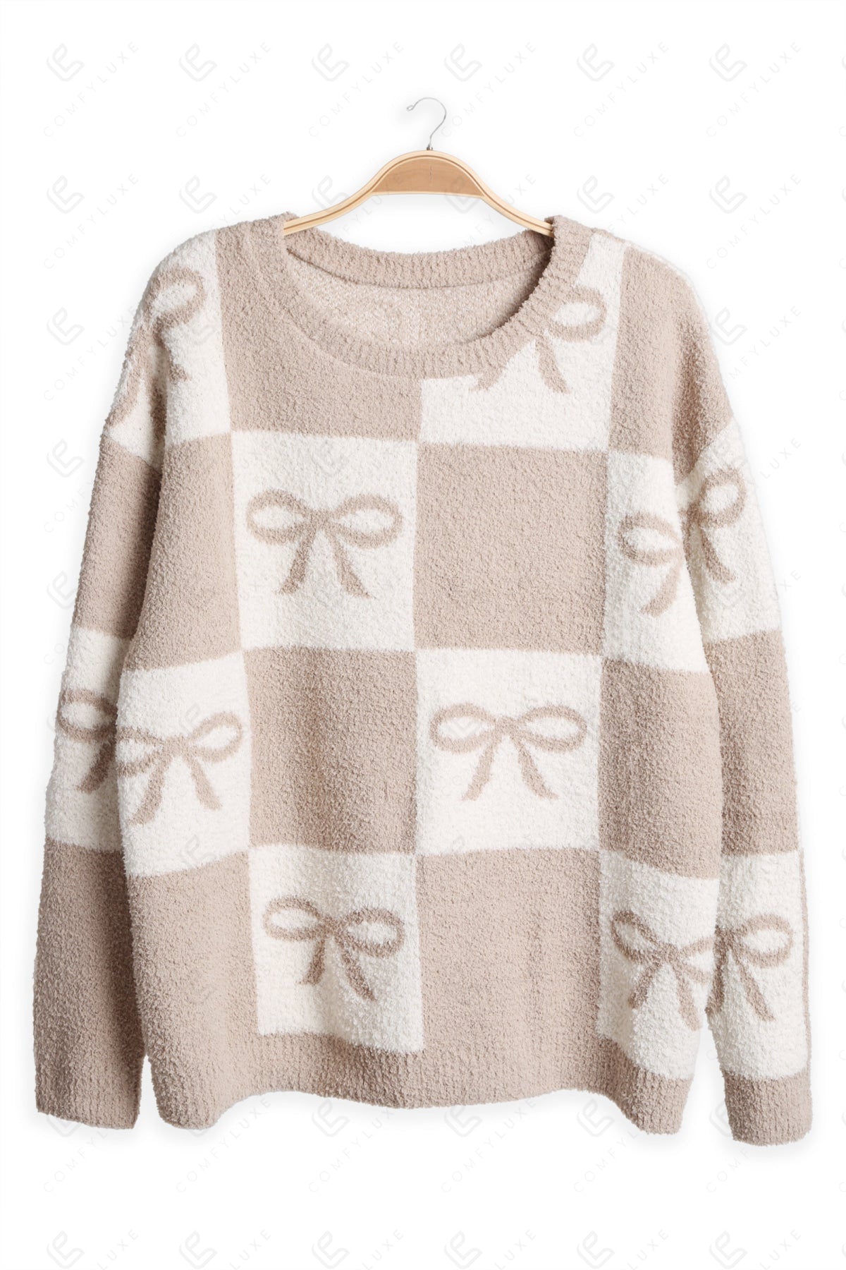 CHECKERED & RIBBON PATTERN SWEATER BEIGE APPAREL