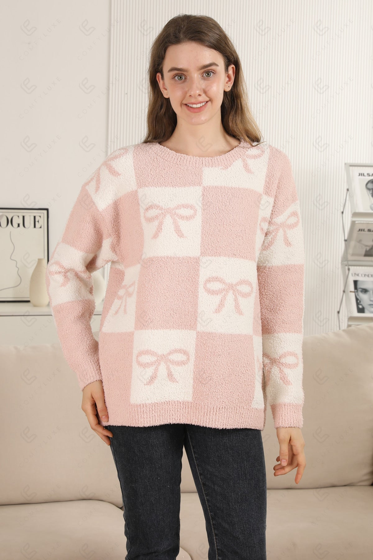 CHECKERED & RIBBON PATTERN SWEATER APPAREL