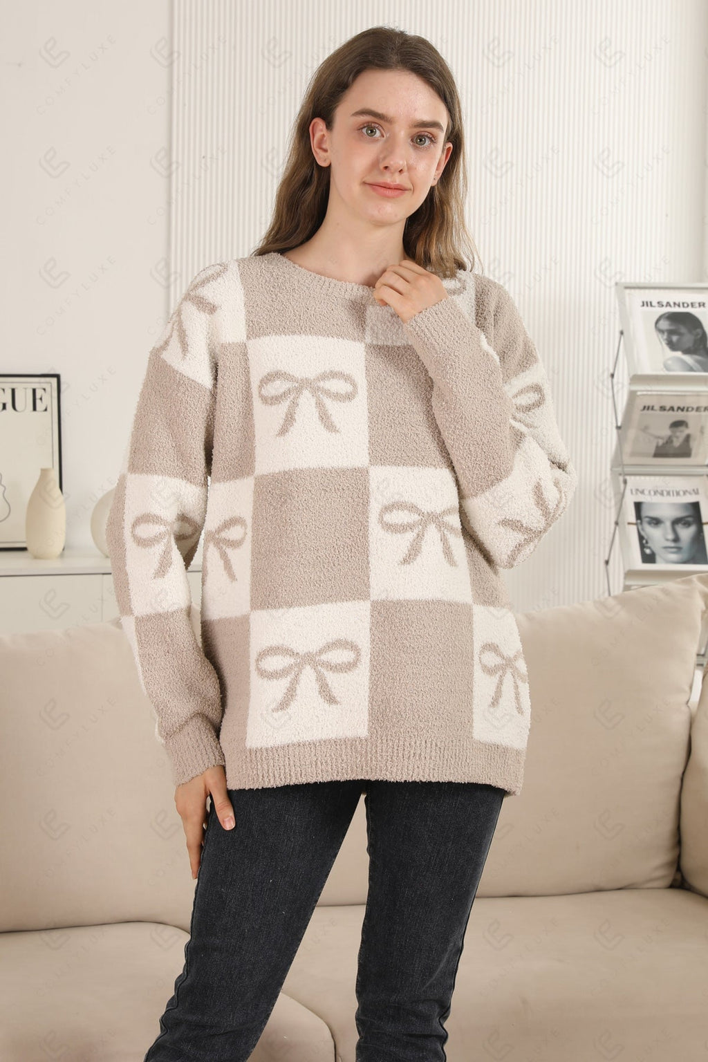 CHECKERED & RIBBON PATTERN SWEATER APPAREL