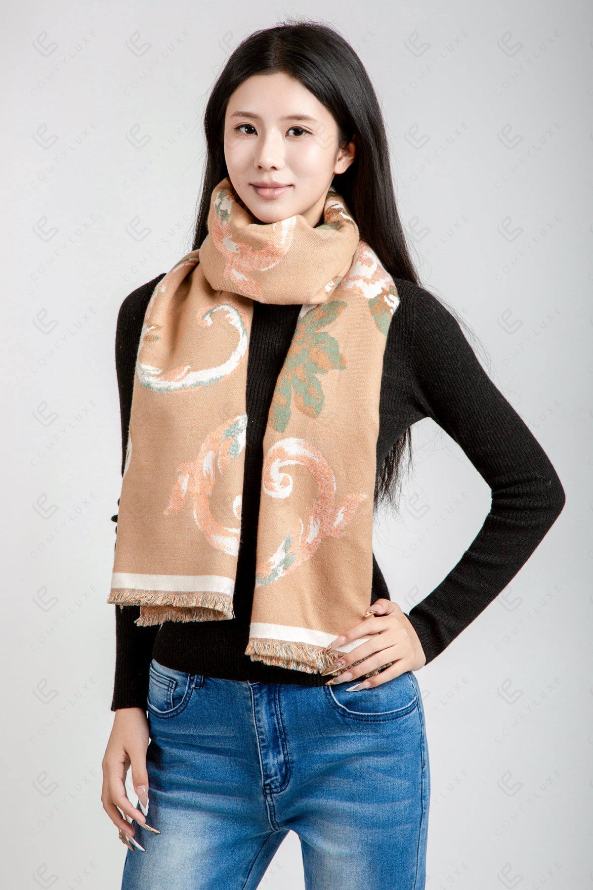 FLORAL PATTERN SCARF BEIGE SCARVES