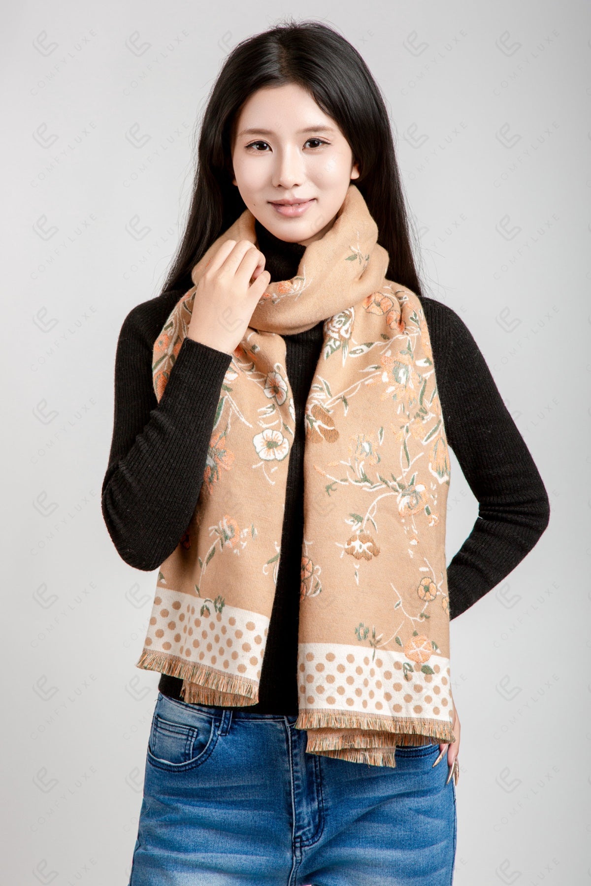 FLORAL & POLKA DOT PATTERN SCARF BEIGE SCARVES