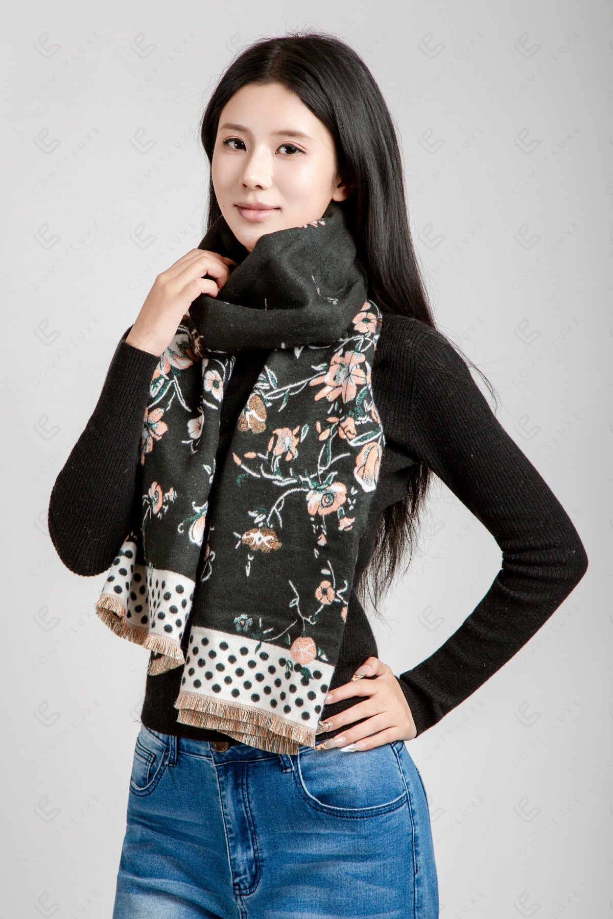 FLORAL & POLKA DOT PATTERN SCARF BLACK SCARVES