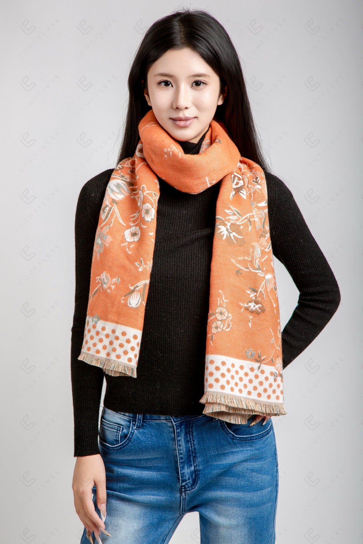 FLORAL & POLKA DOT PATTERN SCARF ORANGE SCARVES