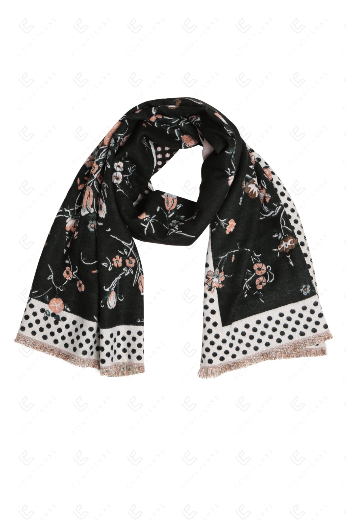 FLORAL & POLKA DOT PATTERN SCARF BLACK SCARVES