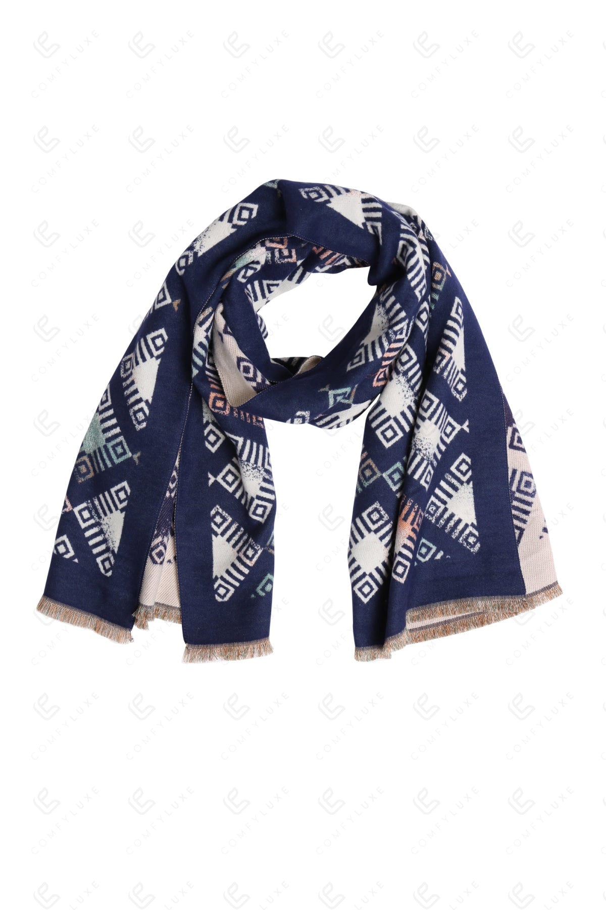 GEOMETRIC PATTERN SCARF NAVY SCARVES