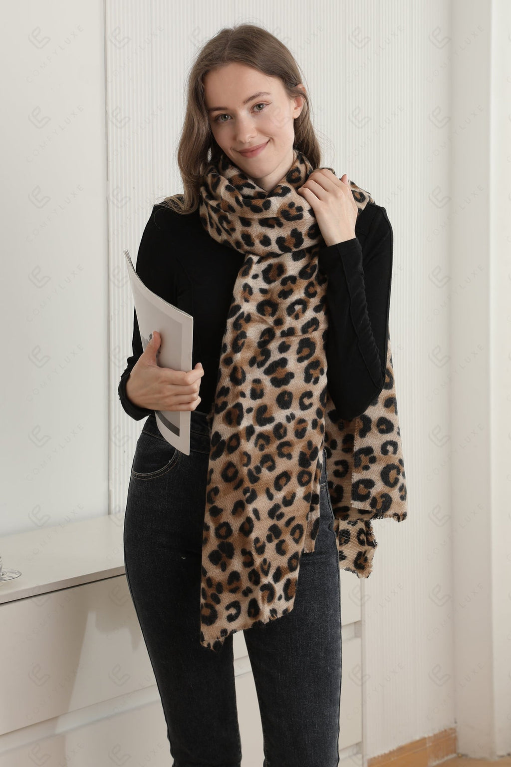 LEOPARD PATTERN SCARF BROWN SCARVES