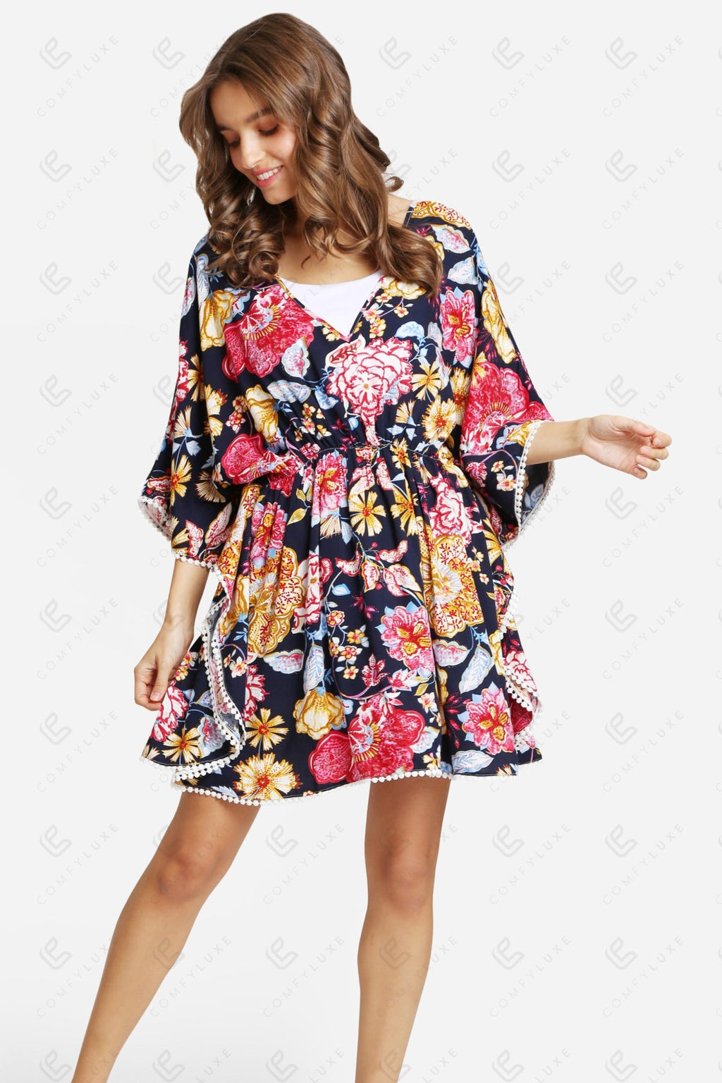 MIXED FLORAL PATTERN COVER-UP DRESS NAVY APPAREL