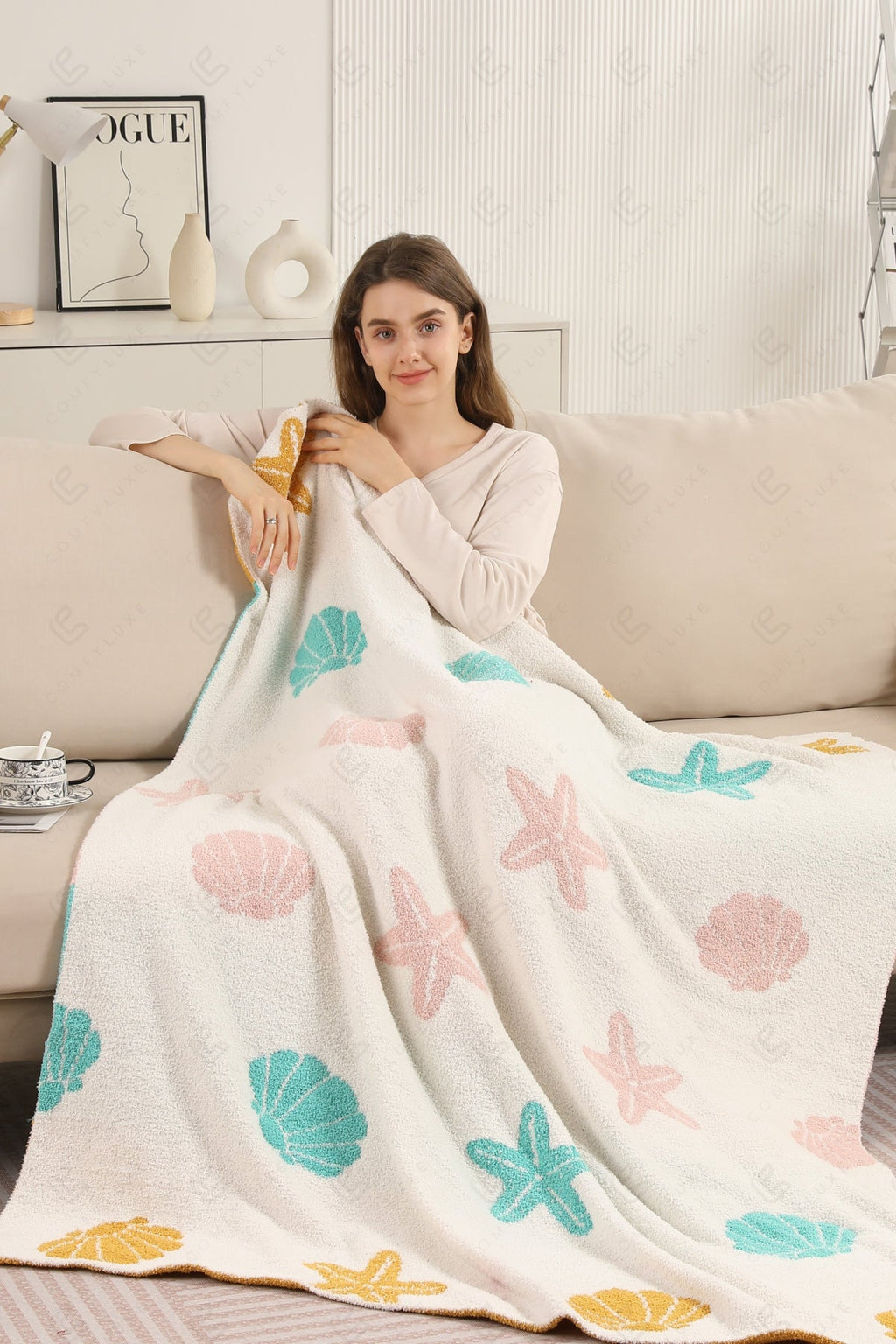 MULTI-COLORED SEASHELL & STARFISH PATTERN THROW BLANKET SEA THROW BLANKETS