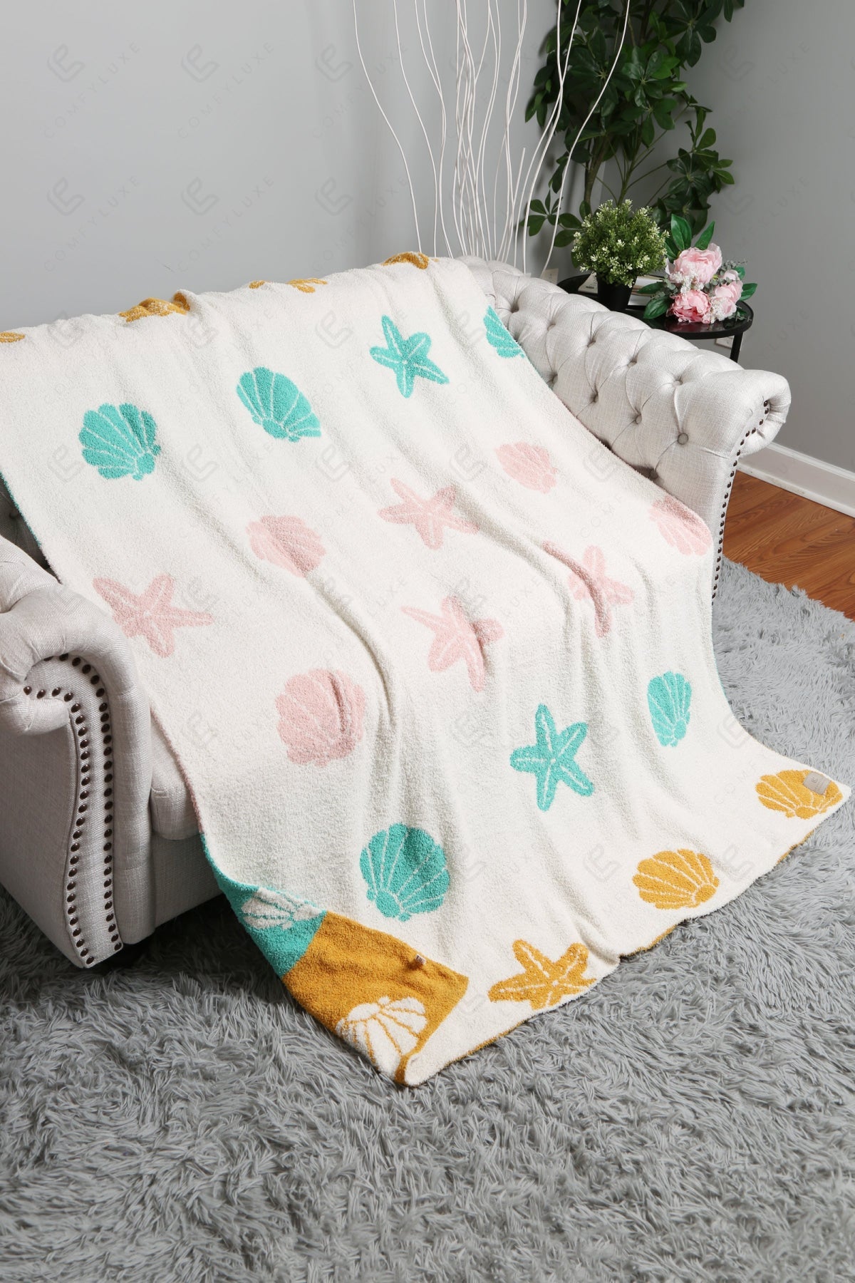 MULTI-COLORED SEASHELL & STARFISH PATTERN THROW BLANKET SEA THROW BLANKETS