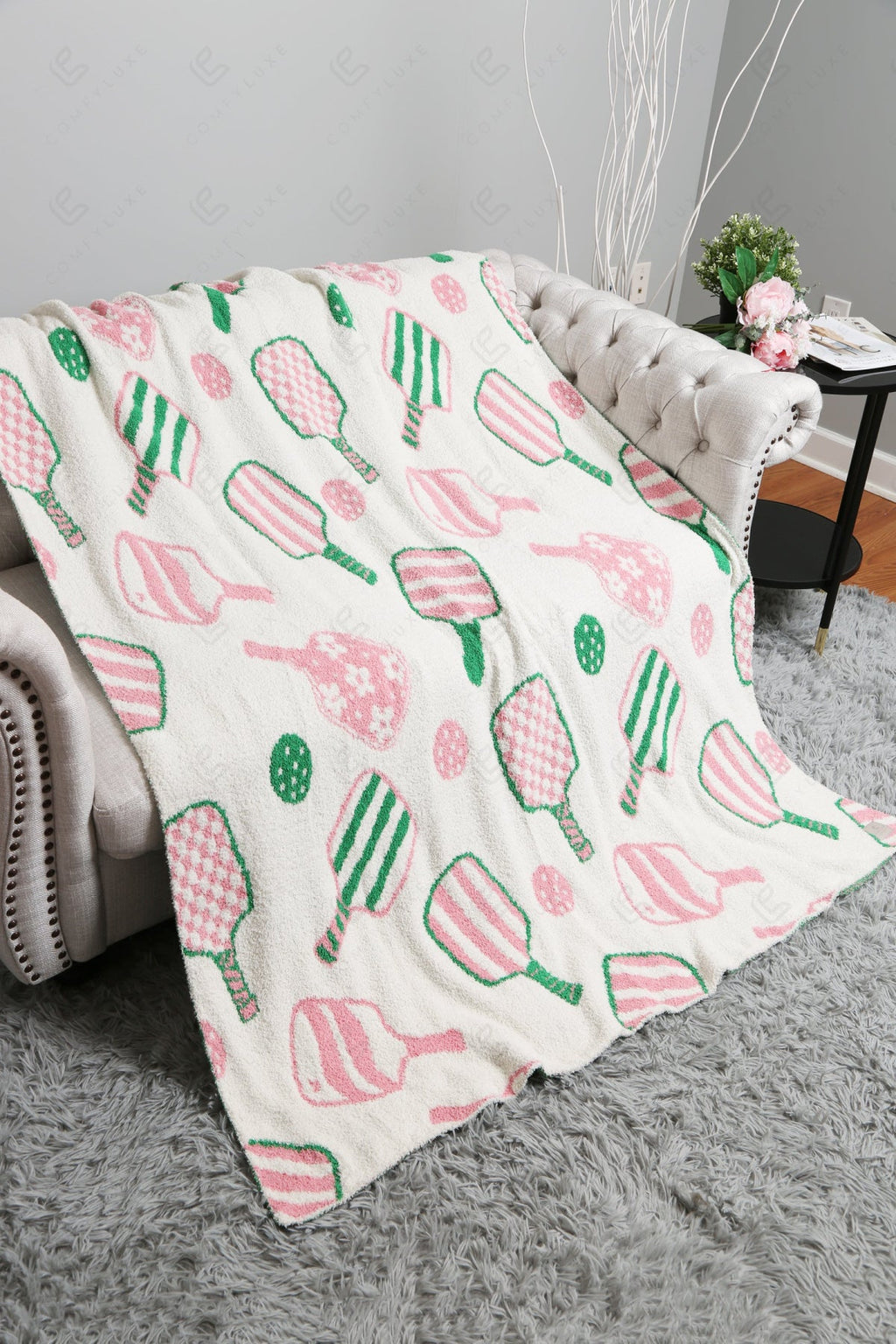 PICKLEBALL PATTERN THROW BLANKET PINK/GREEN THROW BLANKETS