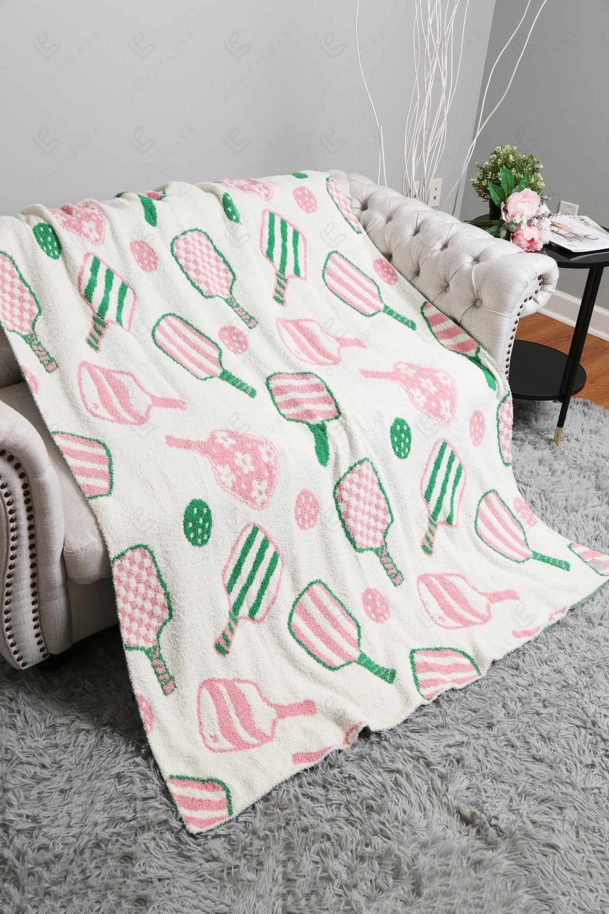 PICKLEBALL PATTERN THROW BLANKET PINK/GREEN THROW BLANKETS