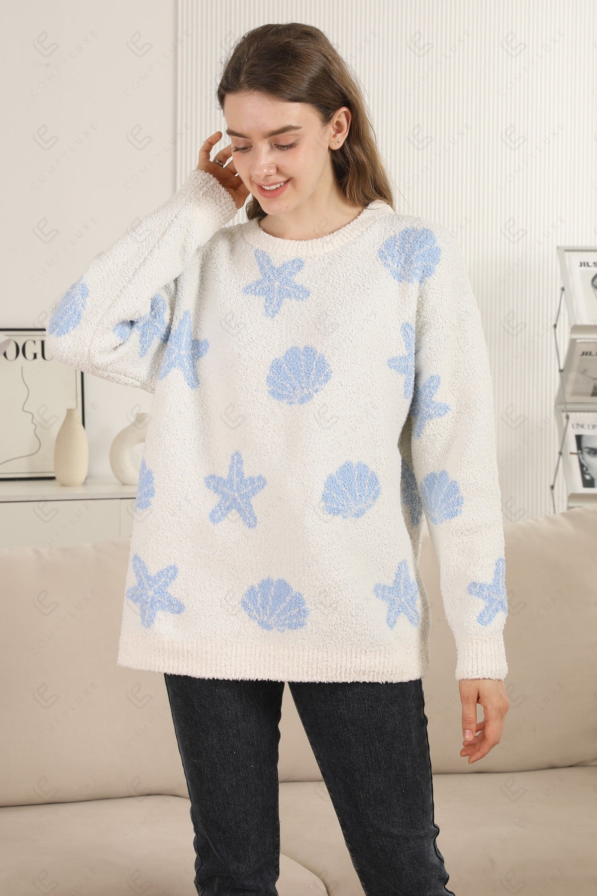 SEASHELL & STARFISH PATTERN SWEATER BLUE APPAREL