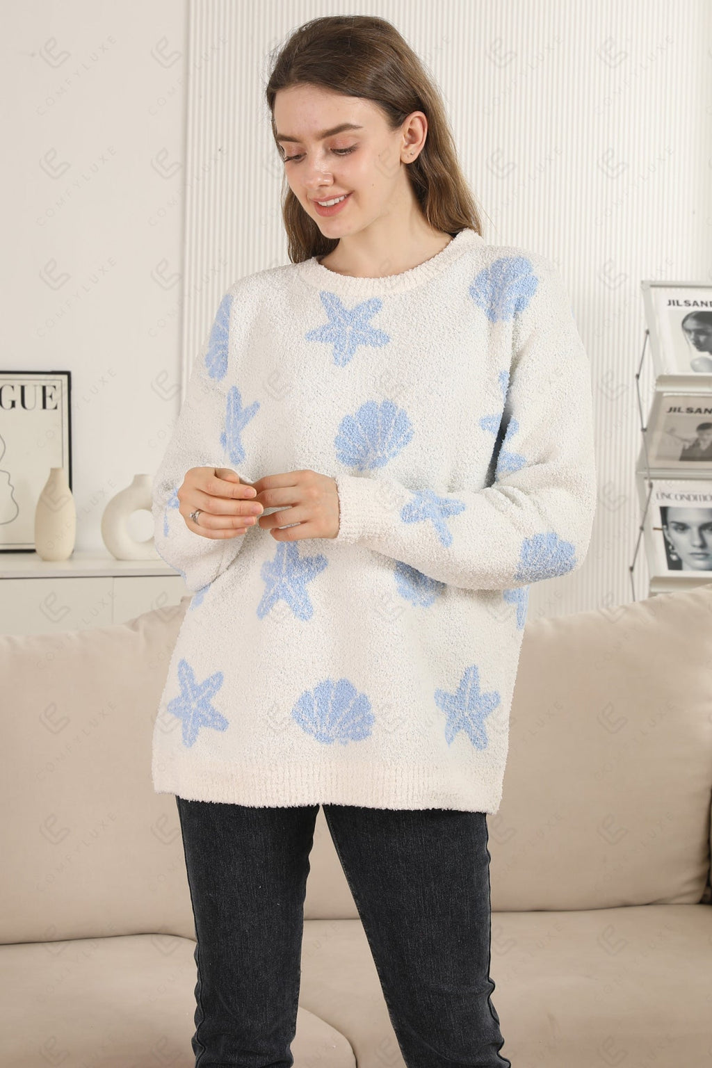 SEASHELL & STARFISH PATTERN SWEATER BLUE APPAREL