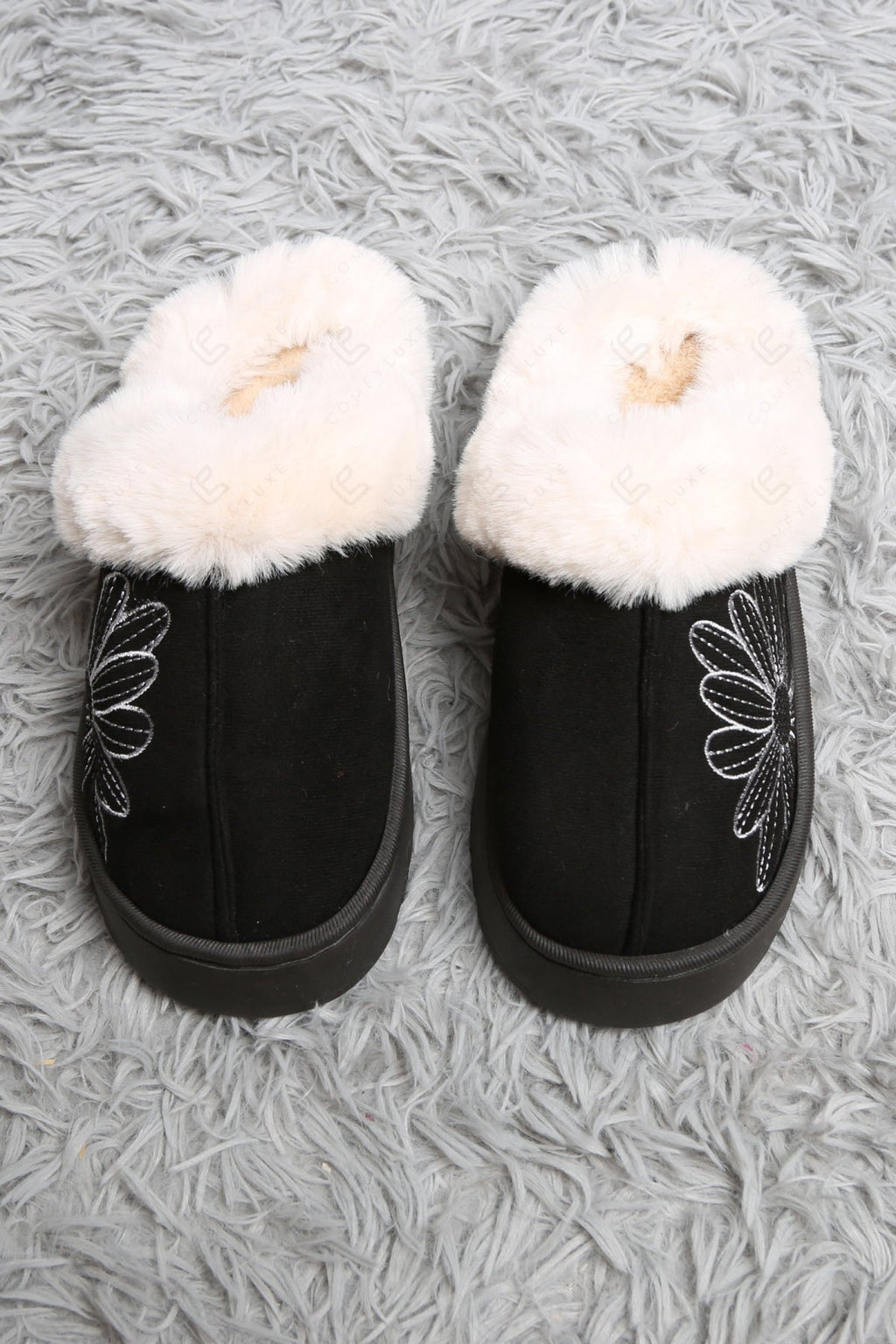 SOLID COLOR & FLORAL PATTERN MULE SLIPPERS BLACK SLIPPERS/SLIDES