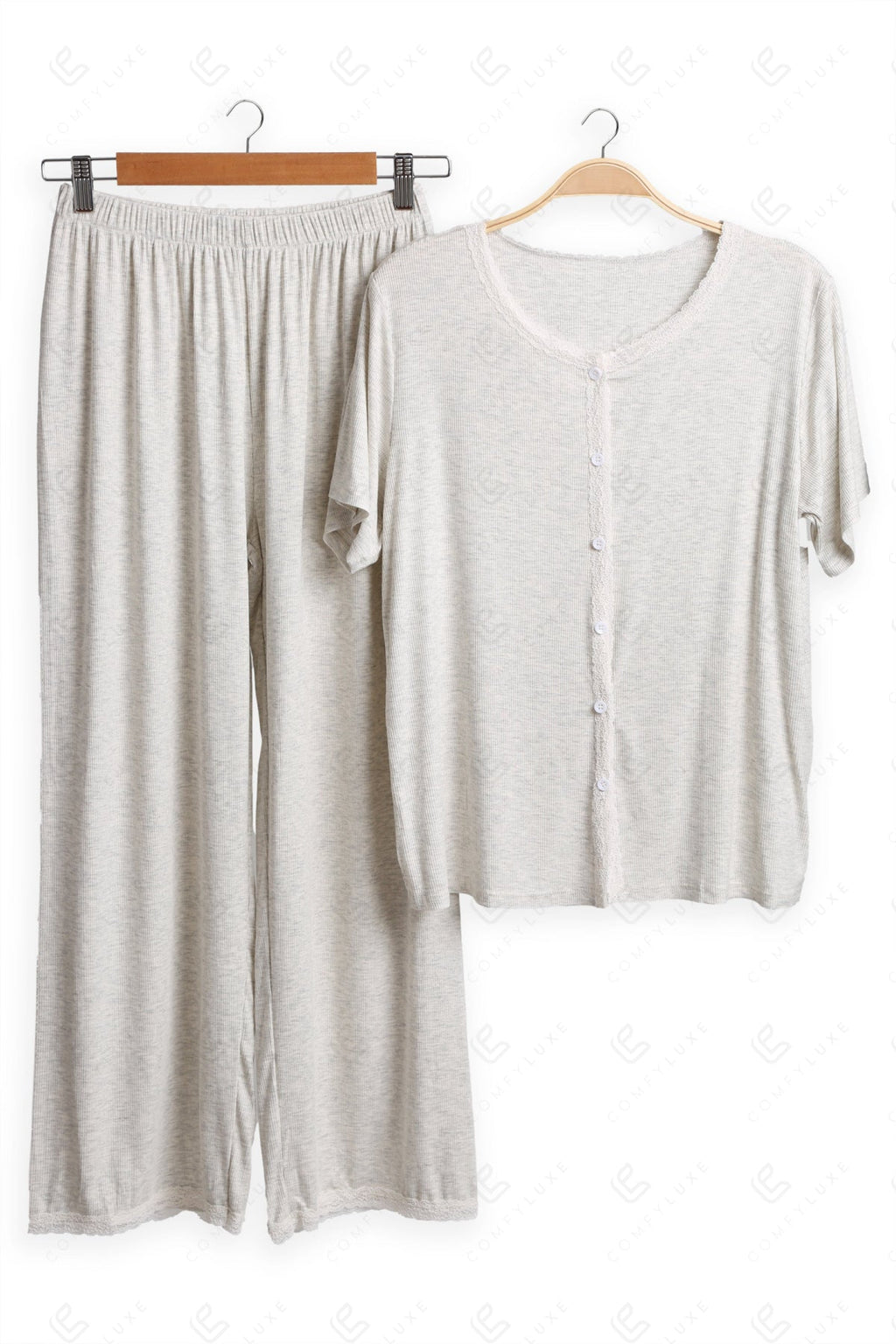 Lace Trim Solid Color Loungewear Sets BEIGE APPAREL
